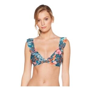 𝅺laundry BY SHELLI SEGAL DEEP TEAL FLORAL PAISLEY RUFFLE BIKINI TOP